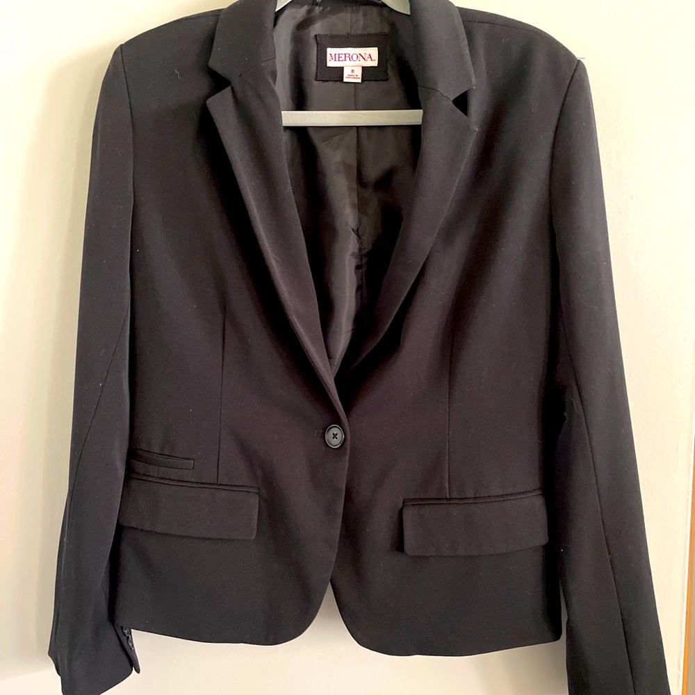 Merona Womens Black Solid Front One Button Classic Tuxedo Blazer Jacket Size 8